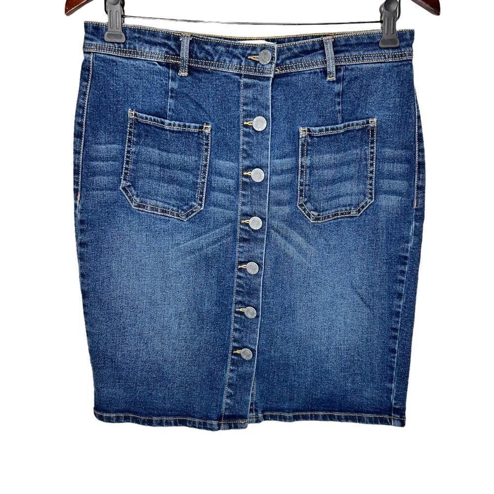 Kenneth Cole Reaction Button up Denim Skirt Patch Pockets Size 4